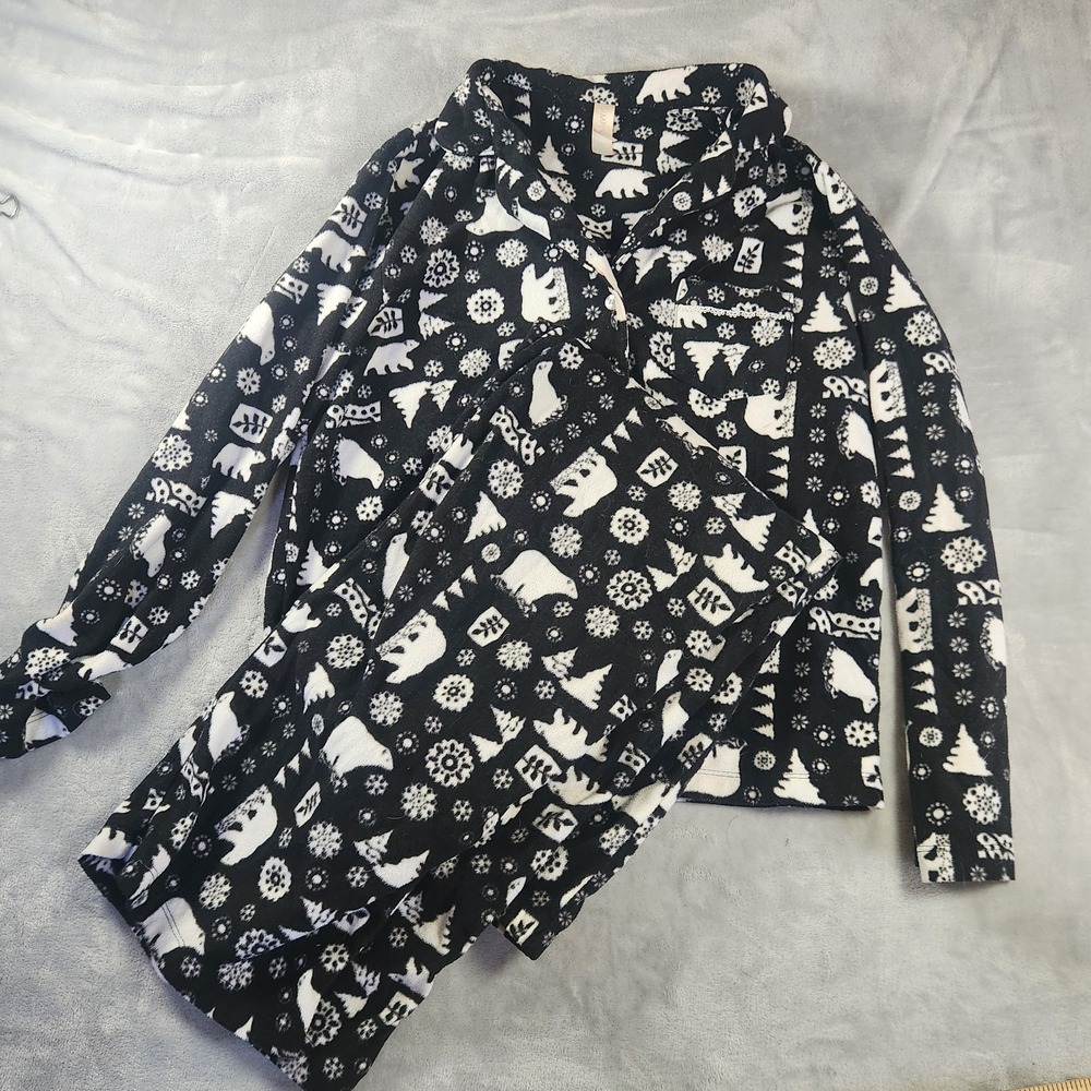 Simply Basic Womens Size L 12 14 Black White Polar Bear Fleece Classic Pajamas